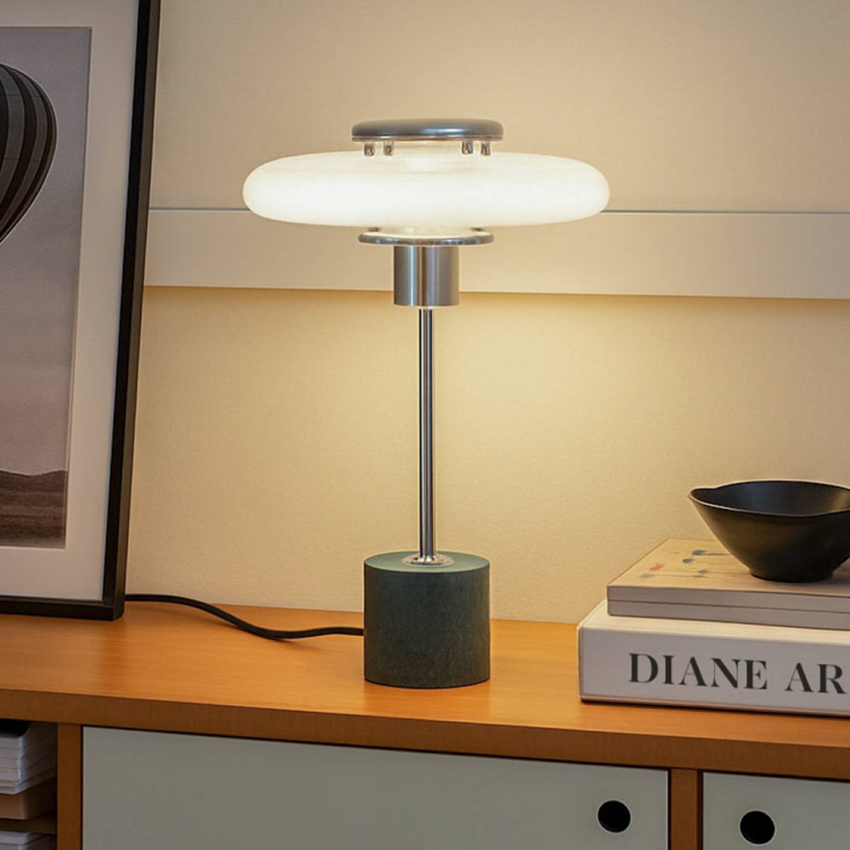 Lampe à poser en verre vintage, Branford blanc, vert, LINDBY