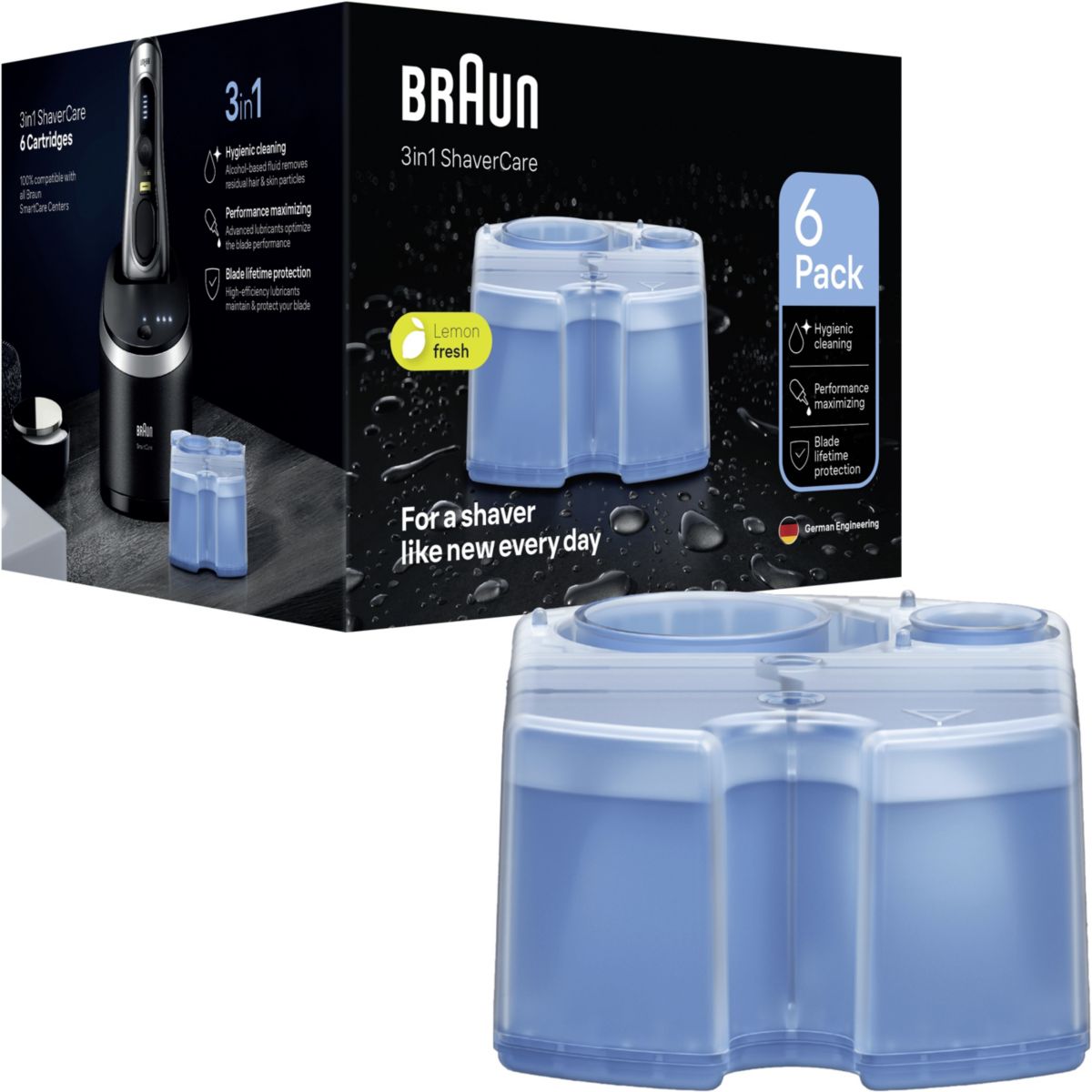 Cartouche nettoyante nettoyante ShaverCare 3-en-1 pour rasoir x6 cartouches couleur unique, BRAUN