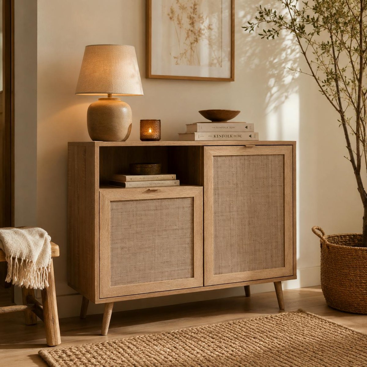 Petit buffet bohème 2 portes effet rotin SONA bois naturel, PIER IMPORT