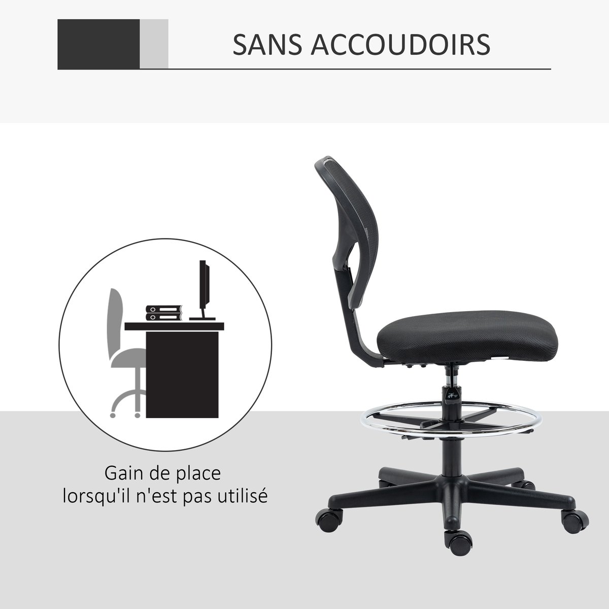 Chaise de bureau pour poste de travail debout noir, HOMCOM