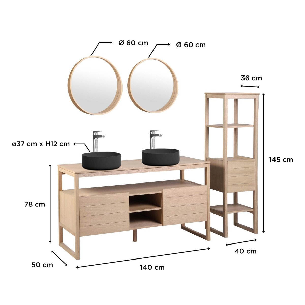 Meuble double 140cm chêne vasques noires miroirs colonnes ATOLL v002233, MOB IN