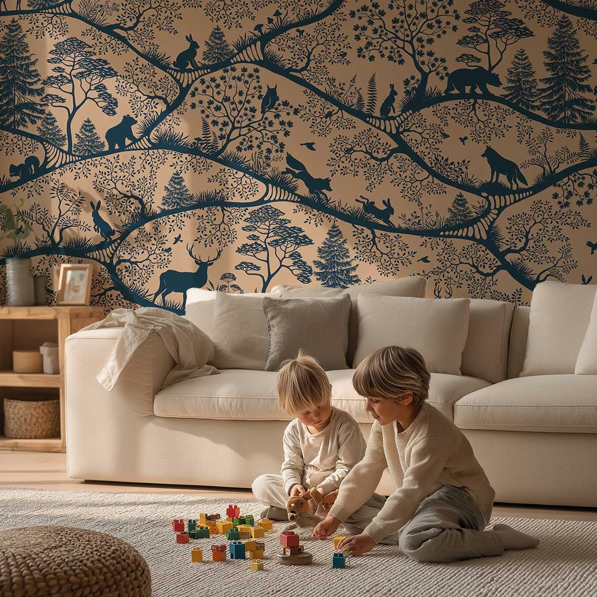 Papier peint forêt ludique chambre enfant bleu, HEXOA