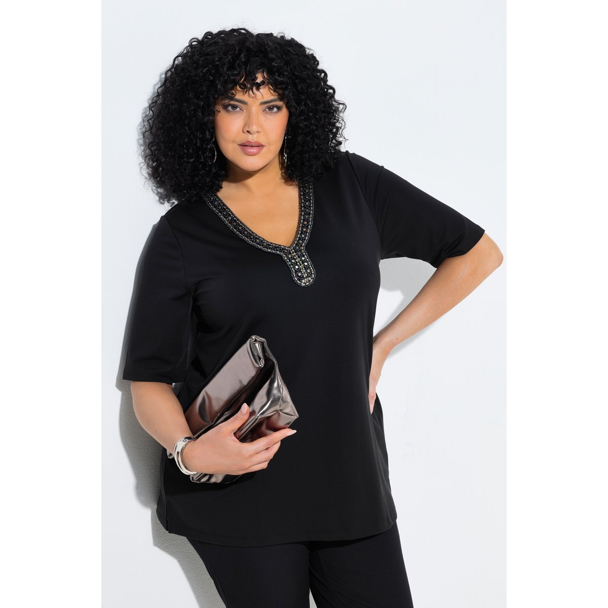 T-shirt manches courtes, coupe évasée noir, ULLA POPKEN