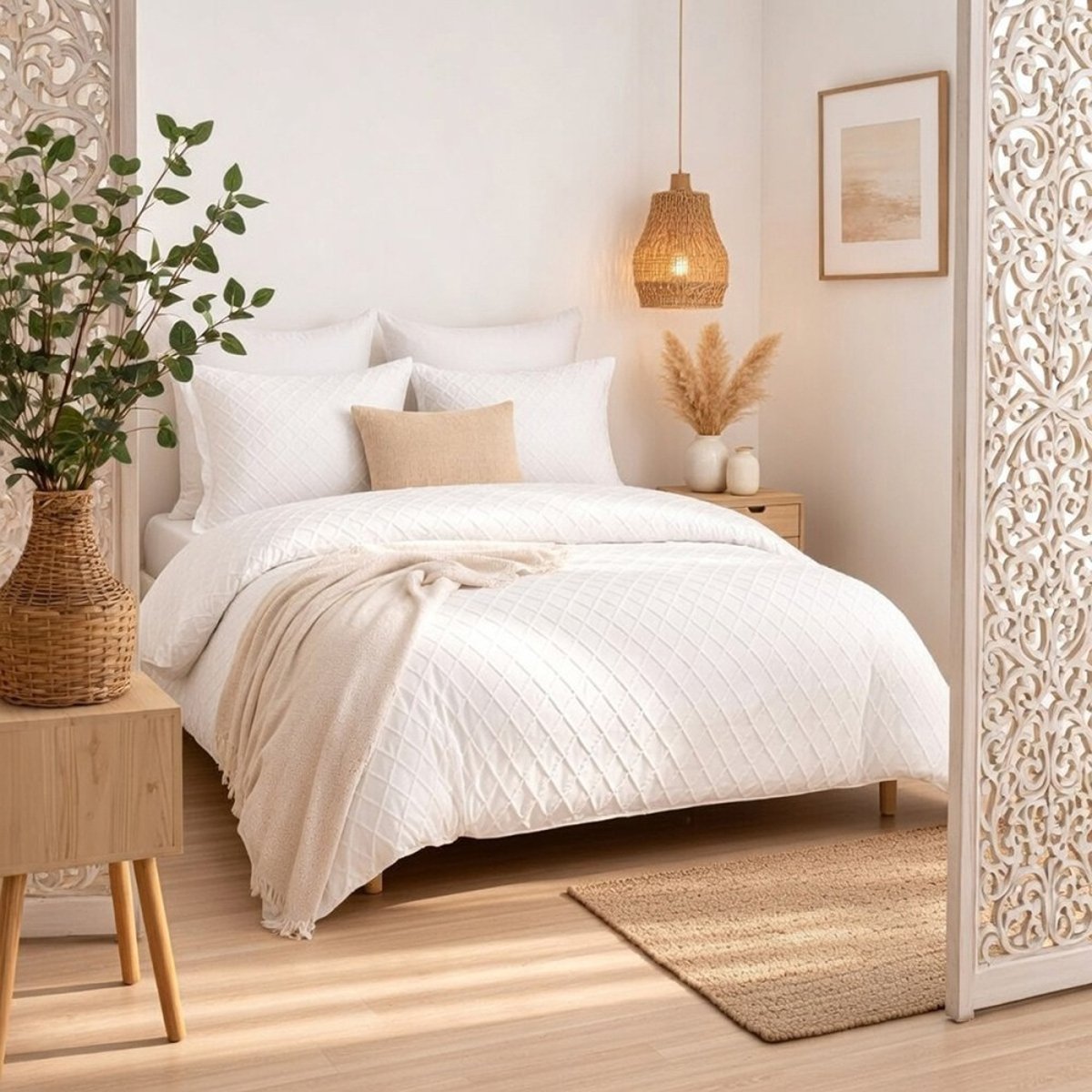 Housse De Couette 260x240 + 2 Taies D'oreiller Marla Tufté Microfibre blanc, DECORATIE
