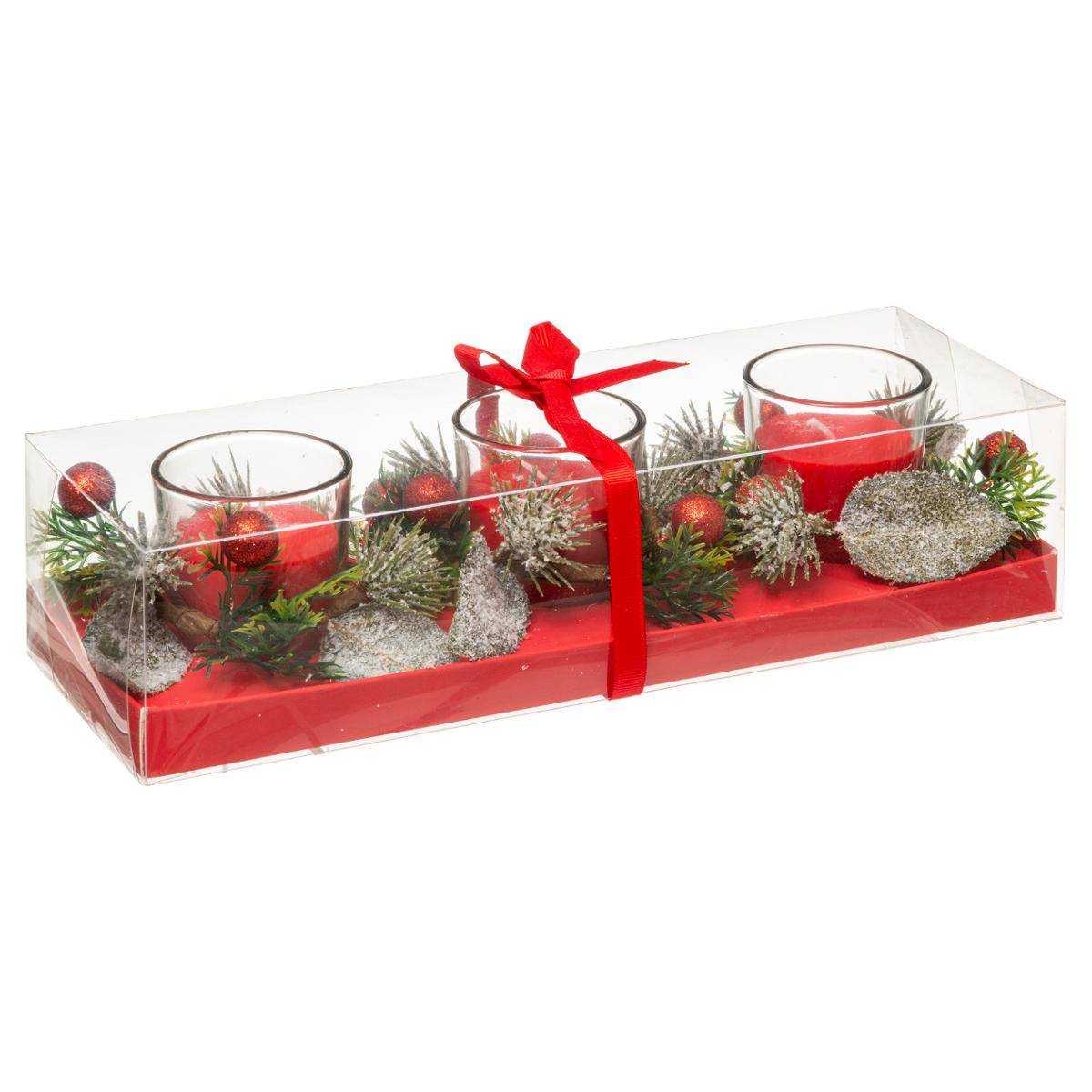 Bougie trio centre de table avec feuilles décos 180 gr rouge rouge, FEERIC LIGHTS & CHRISTMAS