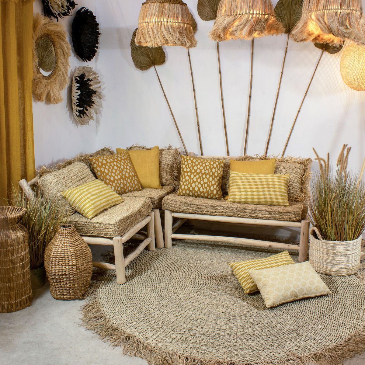 Tapis en fibres de mendong avec franges, SERIFOS naturel, NOW'S HOME