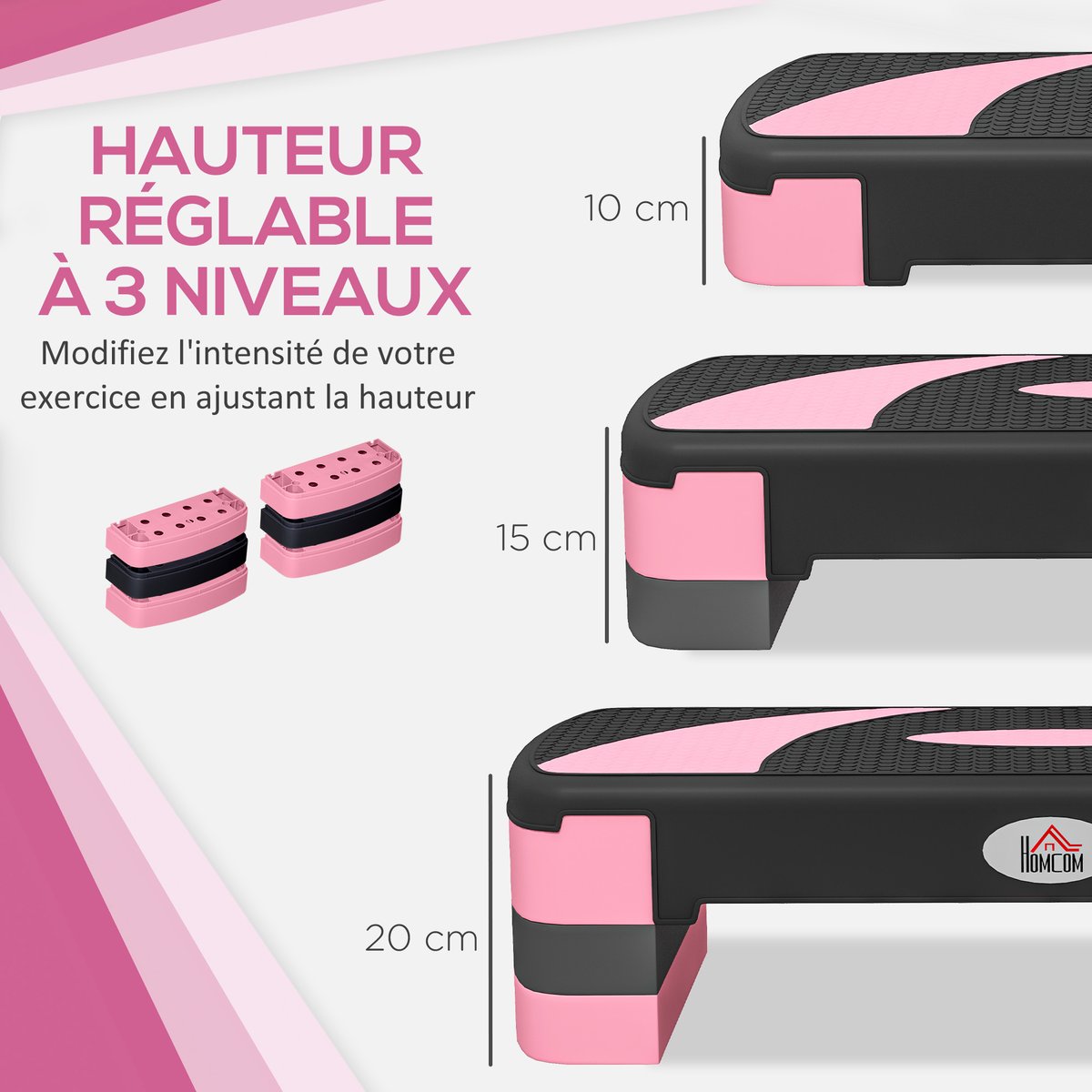 Stepper pour exercices d'aérobie Plastique rose, HOMCOM