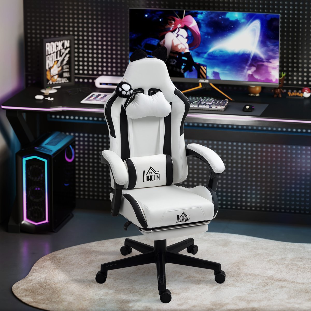 Fauteuil gaming Plastique Blanc blanc, noir, HOMCOM