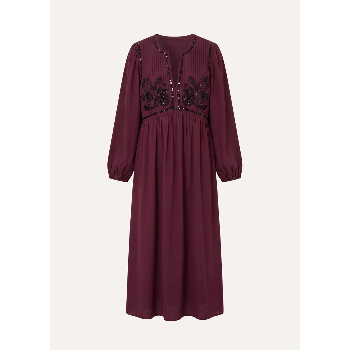 Robe longue brodée manches longues col V bordeaux / noir, LA FEE MARABOUTEE