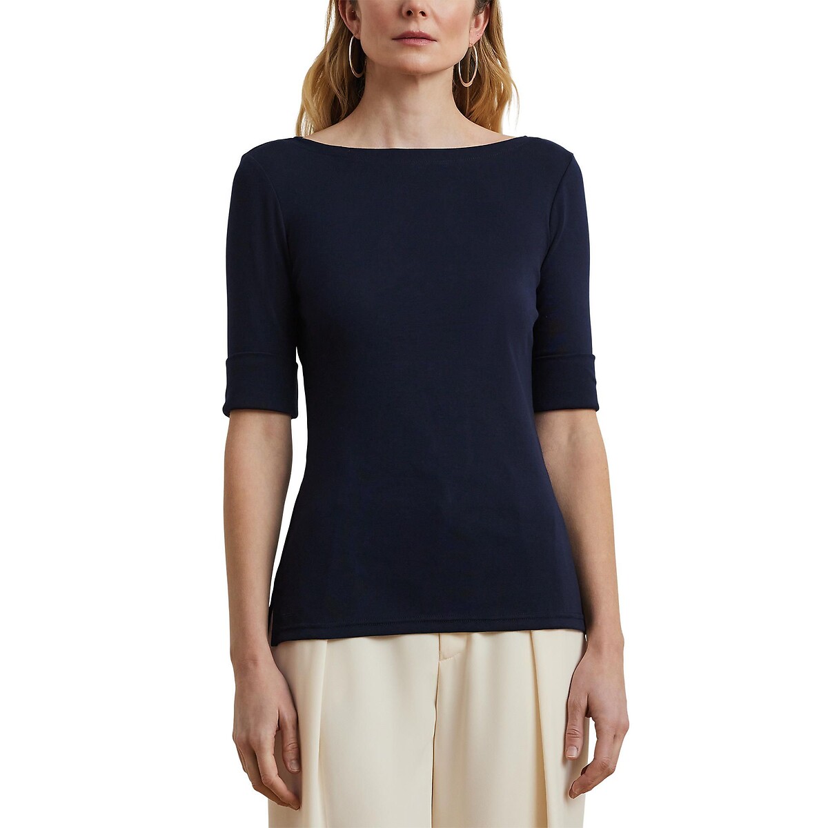 T-shirt met boothals en korte mouwen marineblauw, LAUREN RALPH LAUREN