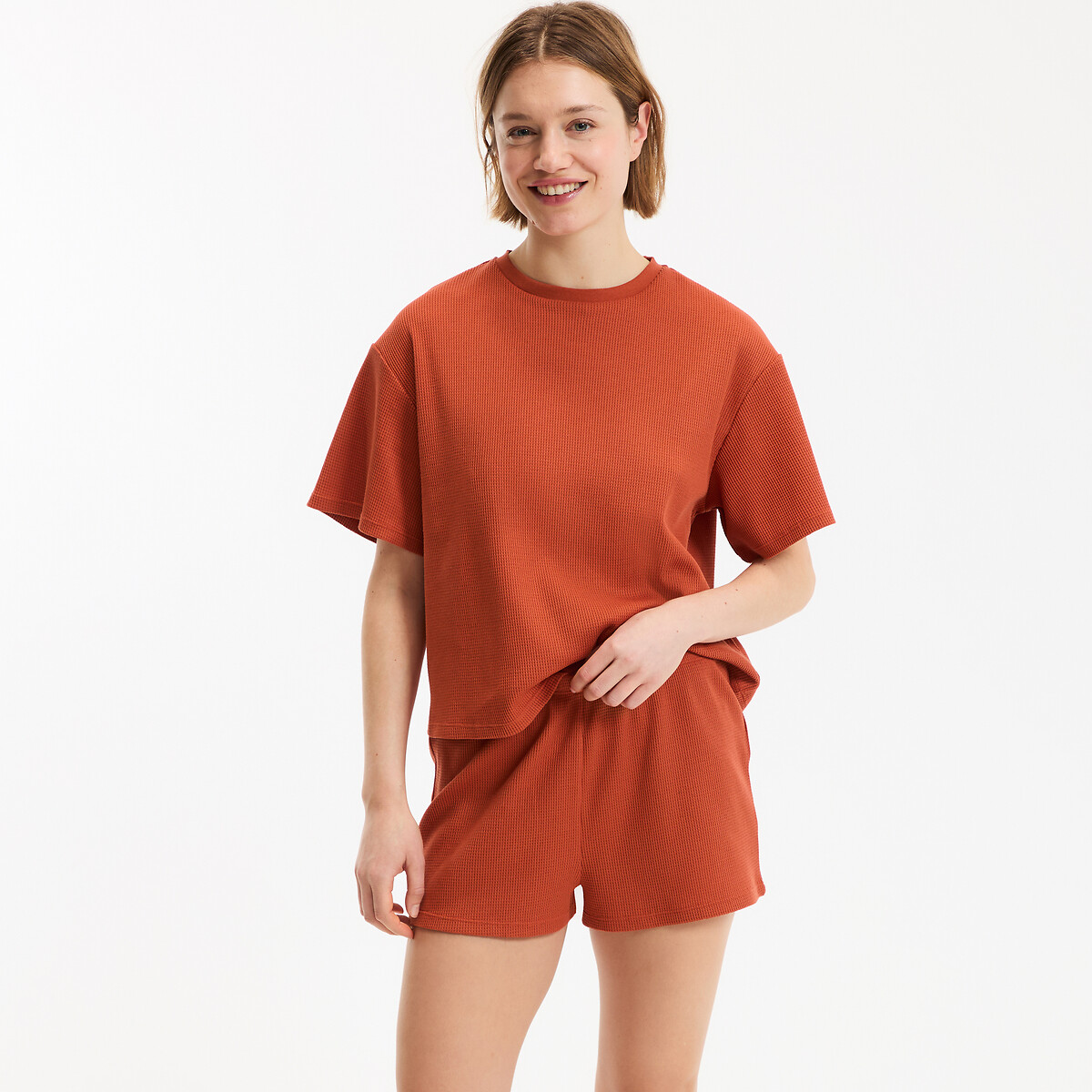 Pyjashort en maille nid d'abeille terracotta, LA REDOUTE COLLECTIONS