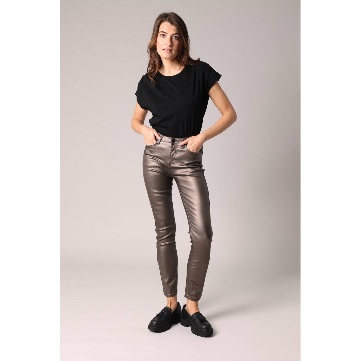 Pantalon slim taille haute, effet métallisé LYSIE taupe, DEELUXE
