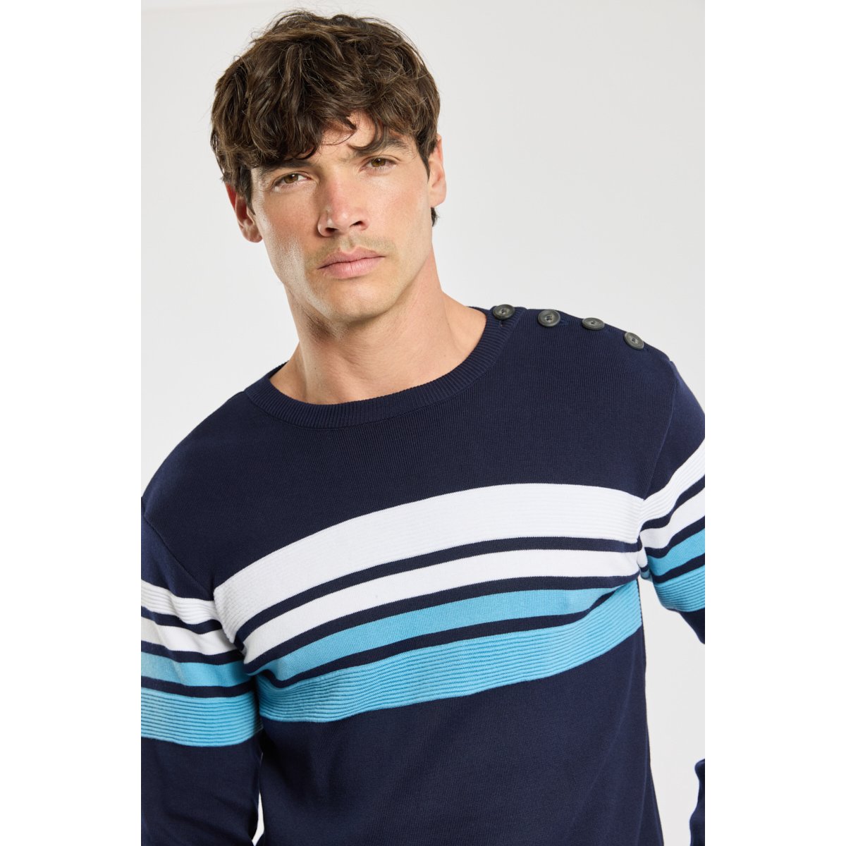 Pull marin Deauville - coton marine deep/waterfall/blan, ARMOR-LUX