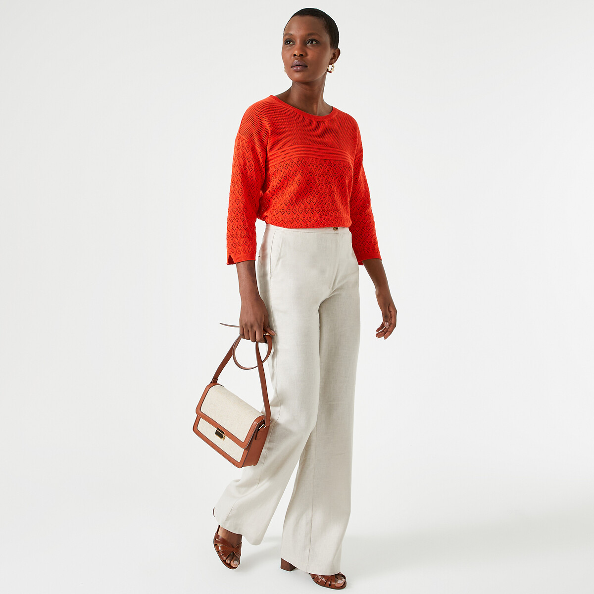 Pantaloni larghi, misto lino beige, ANNE WEYBURN