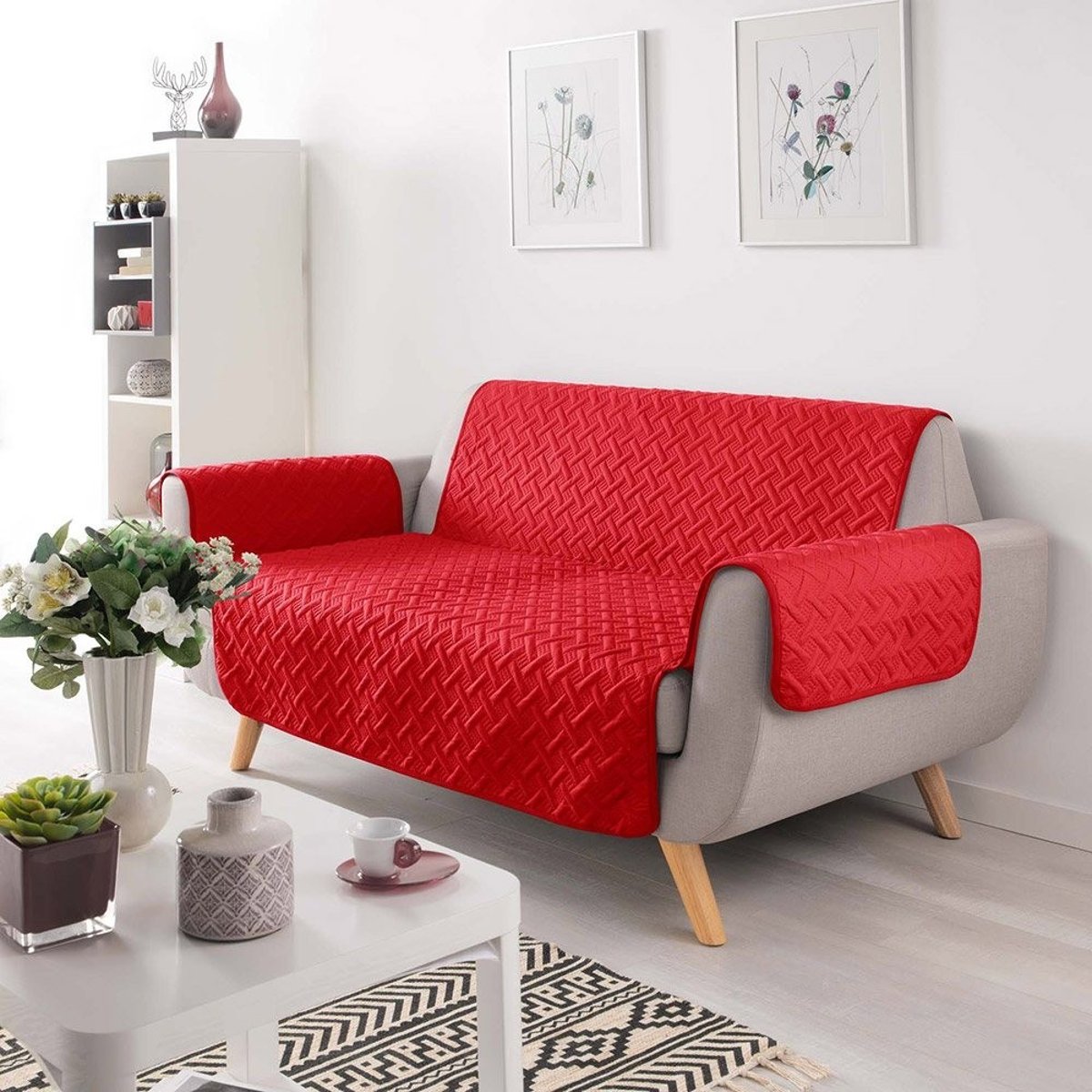 Protège Canapé 2 Places Matelassé 223x179 Uni Lounge Rouge rouge, DECORATIE