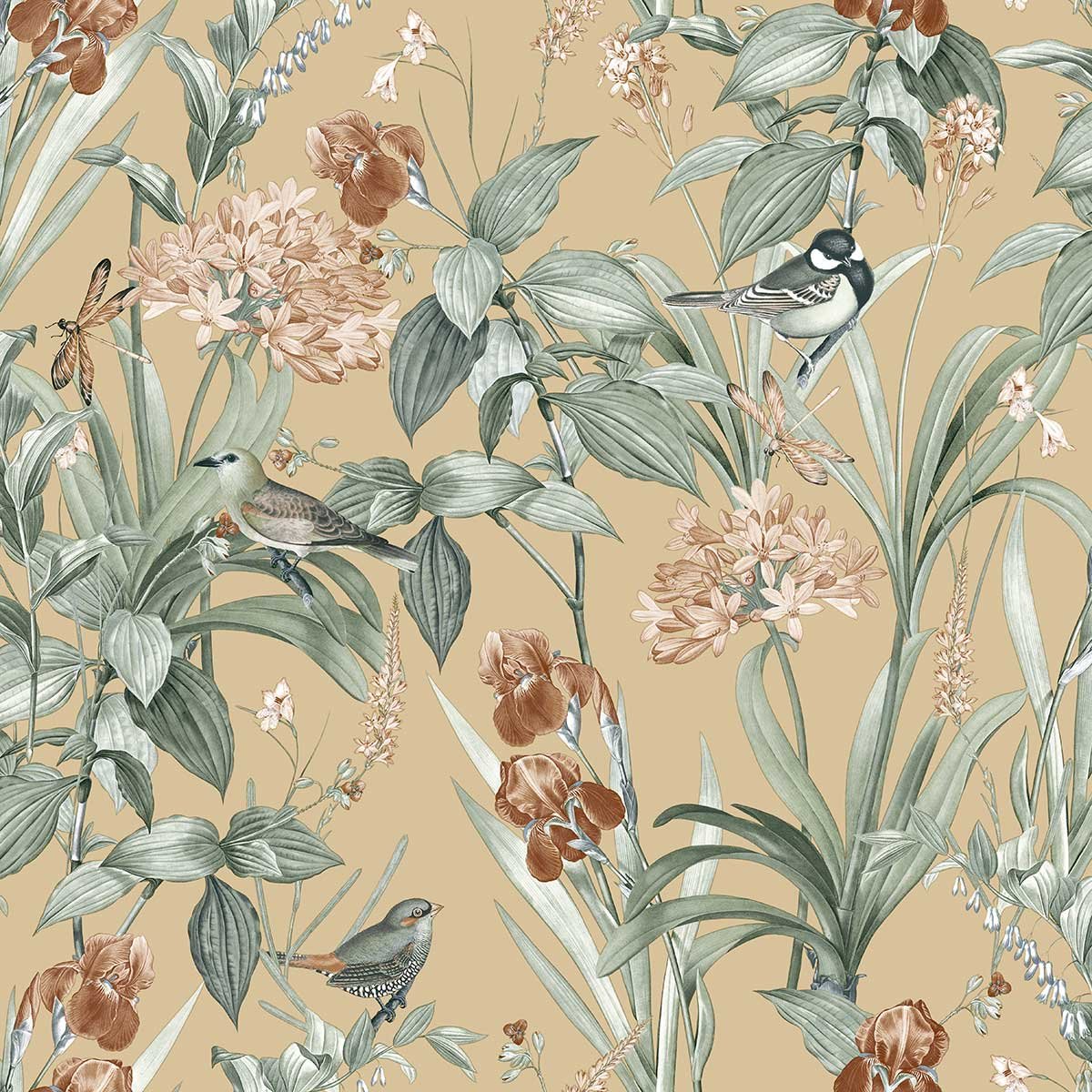 Papier peint petit feuillage délicat vert sauge beige, HEXOA