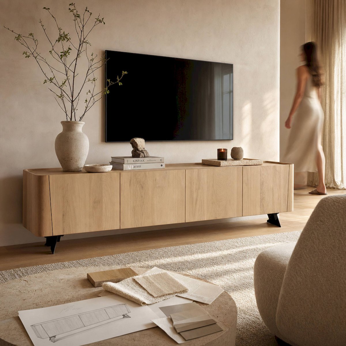Meuble tv en manguier collection S.ALASSIO bois clair et noir, RECOLLECTION