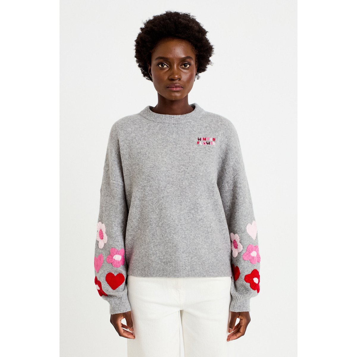 Pull oversize broderie col rond gris clair, CACHE CACHE