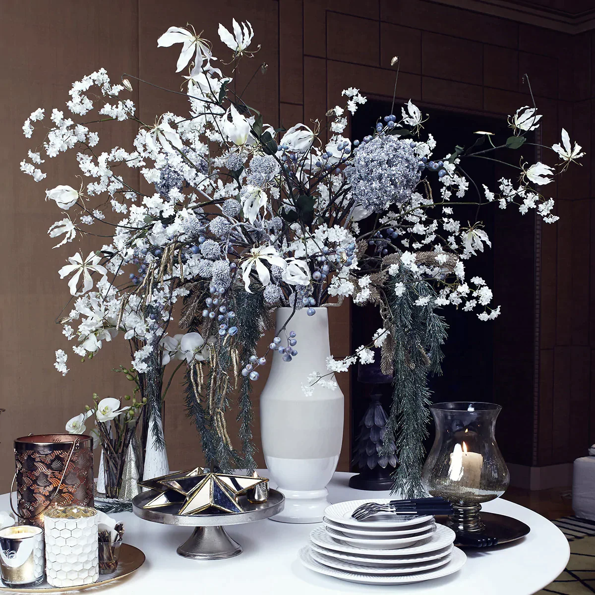 Branche de pin pailletée artificielle H127 NOËL bleu, SIA DECO