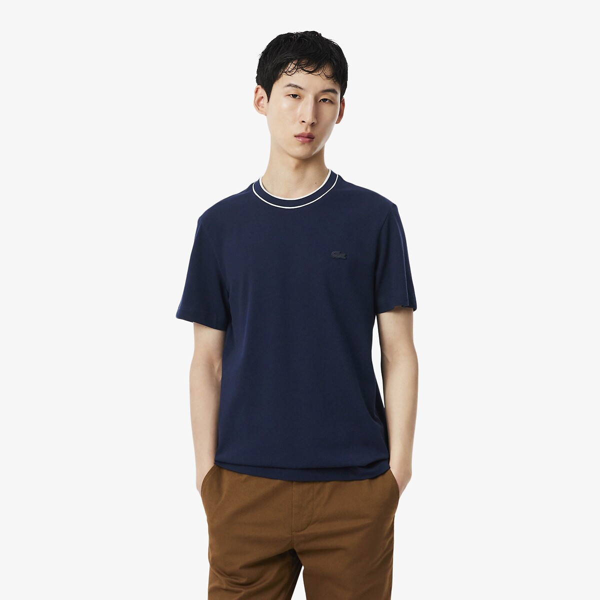 T-shirt em malha piqué, gola às riscas marinho, LACOSTE