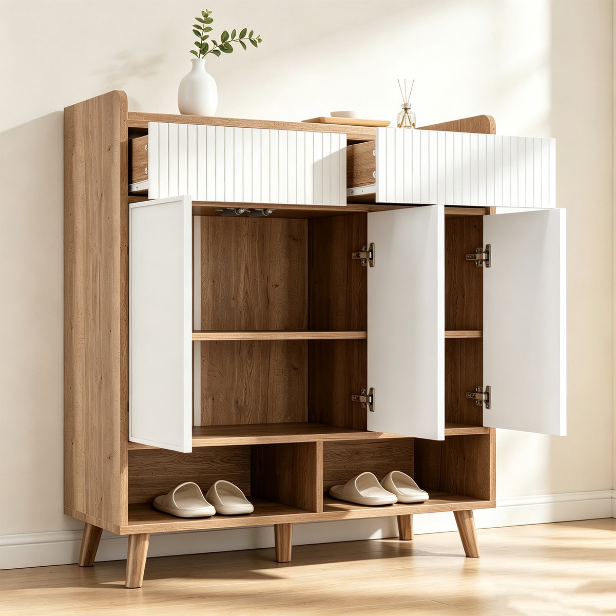 Meuble à chaussures 3 portes 2 niches et 2 tiroirs  ,MELVINI noyer, MEUBLES COSY