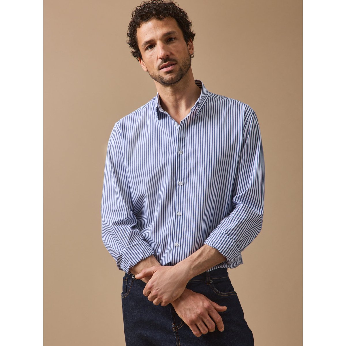 Chemise coton biologique - coupe ajustée rayure bico bleu, CYRILLUS