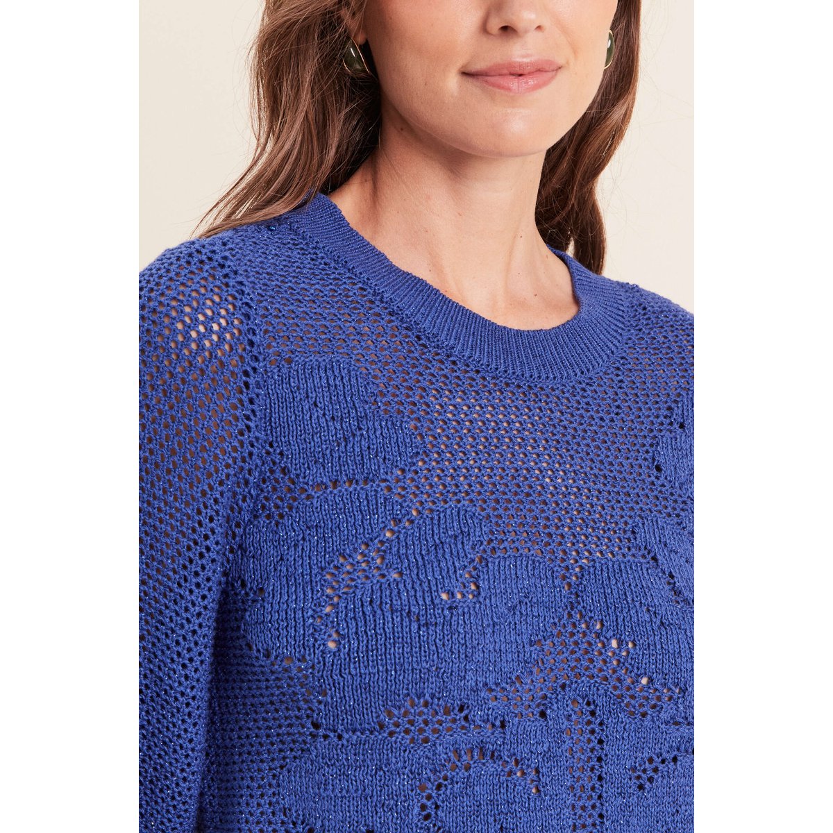 Pull ajouré col rond manches longues bleu foncé, BREAL