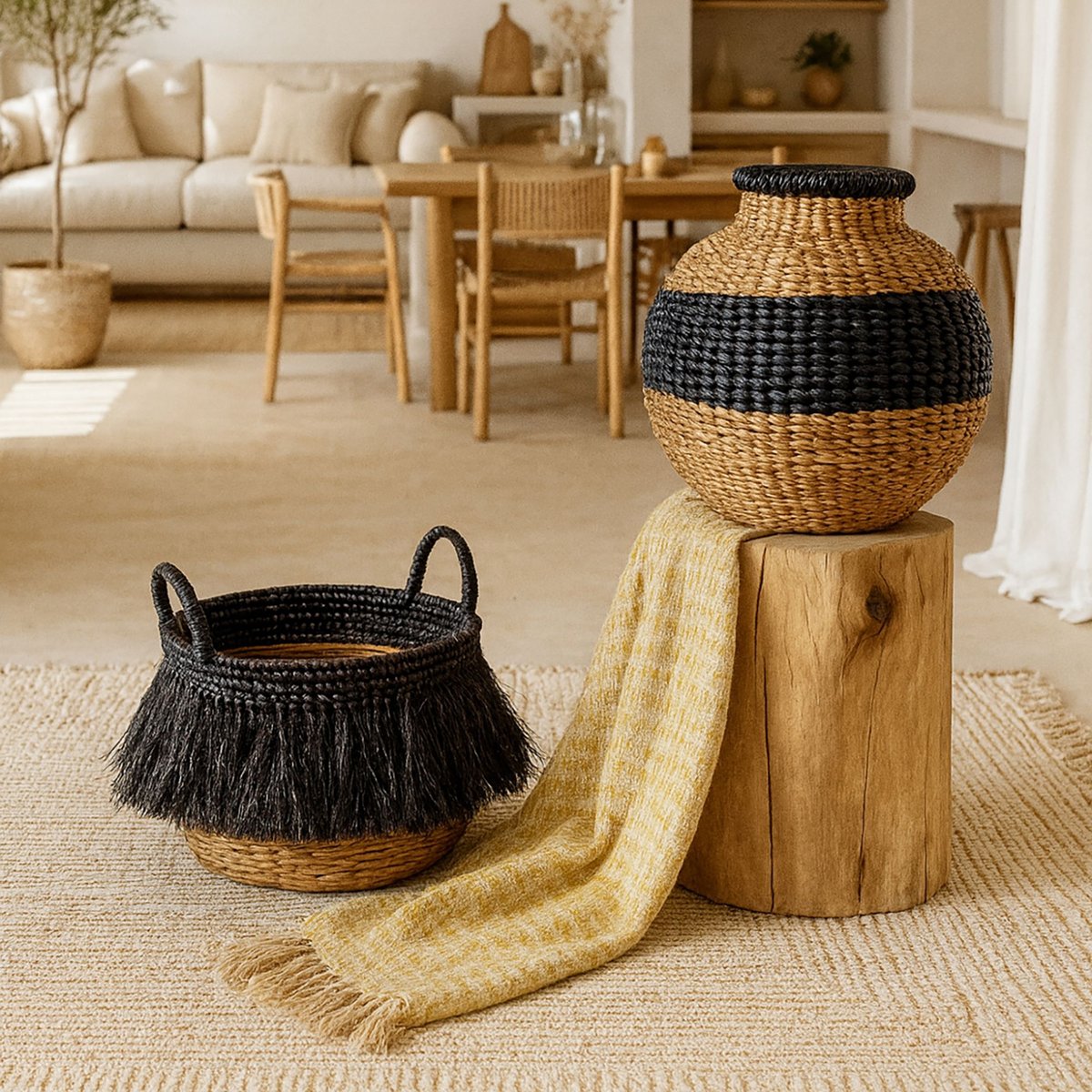 Panier à franges en raphia avec anses noir, NOW'S HOME