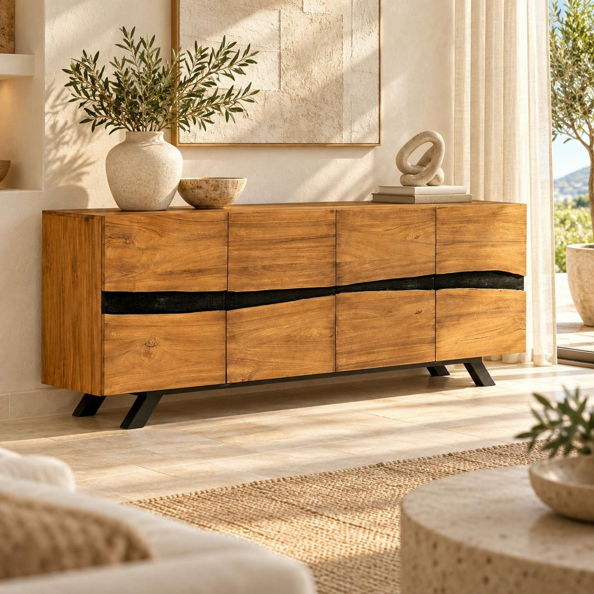 Buffet moderne bois recyclé teck laque noire 200 cm BARBADE bois naturel, PIER IMPORT