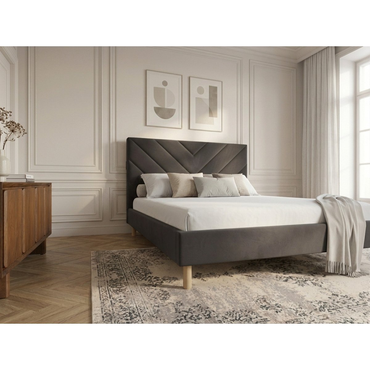 Lit bois revêtement velours, ROMANE gris foncé, BOBOCHIC