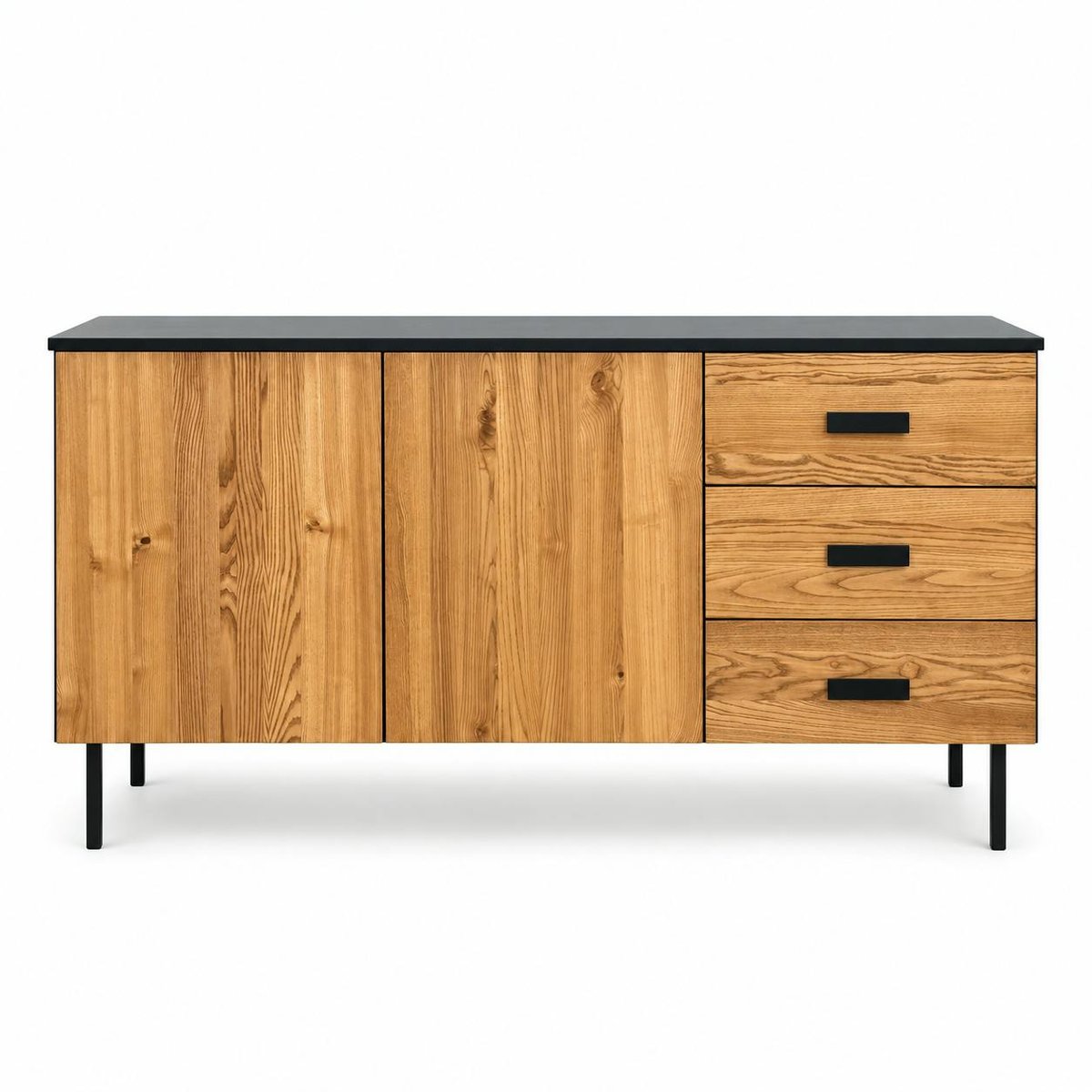 Buffet bas 2 portes en bois bicolore, façade ondulée TARAN bois naturel, PIER IMPORT