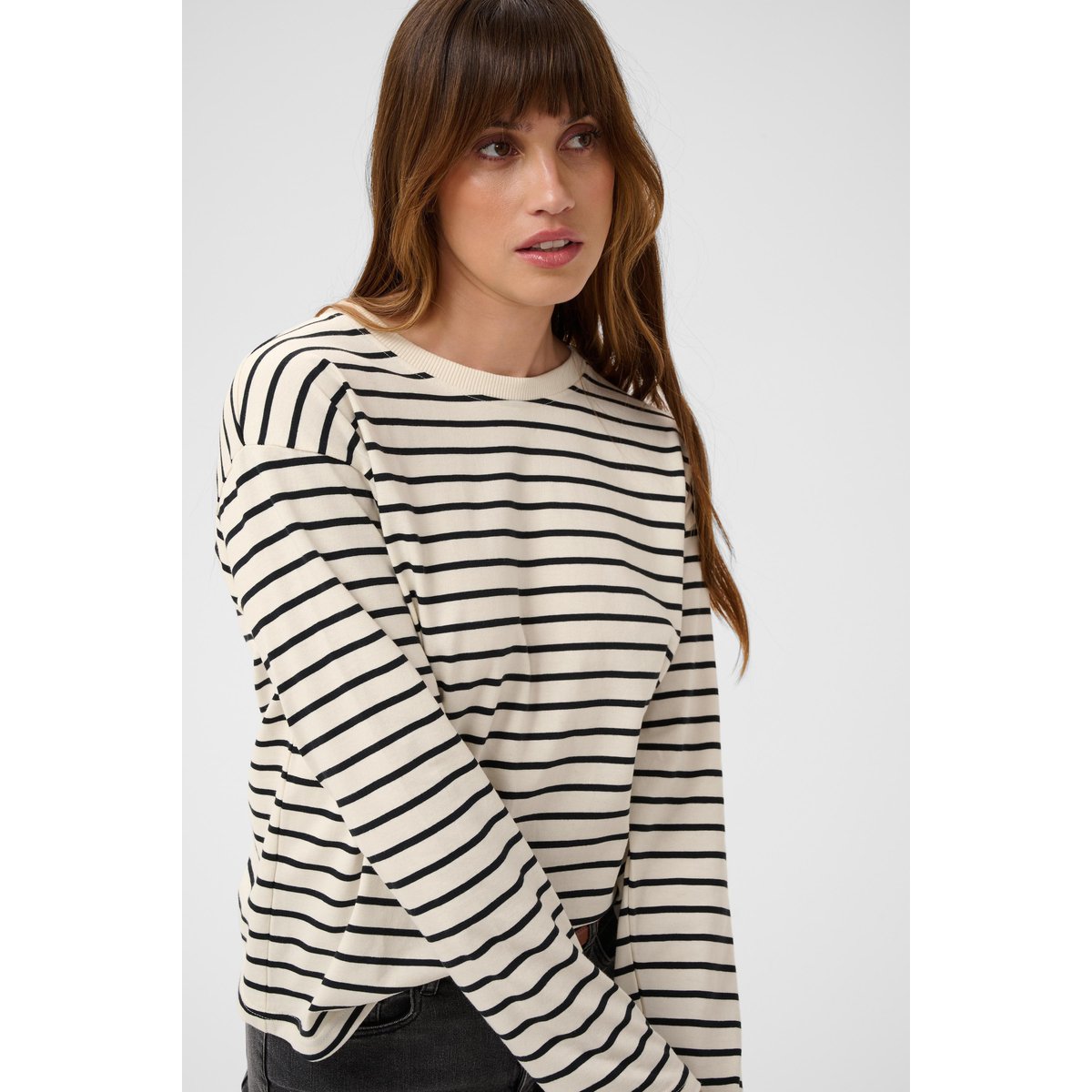T-shirt à manches longues blanc antique white black stripe, KAFFE