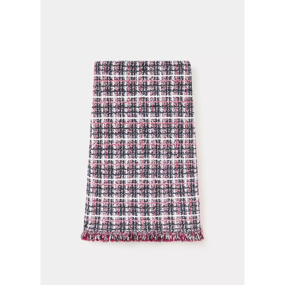 Jupe midi en tweed à carreaux avec détail de franges bleu marine, MANGO