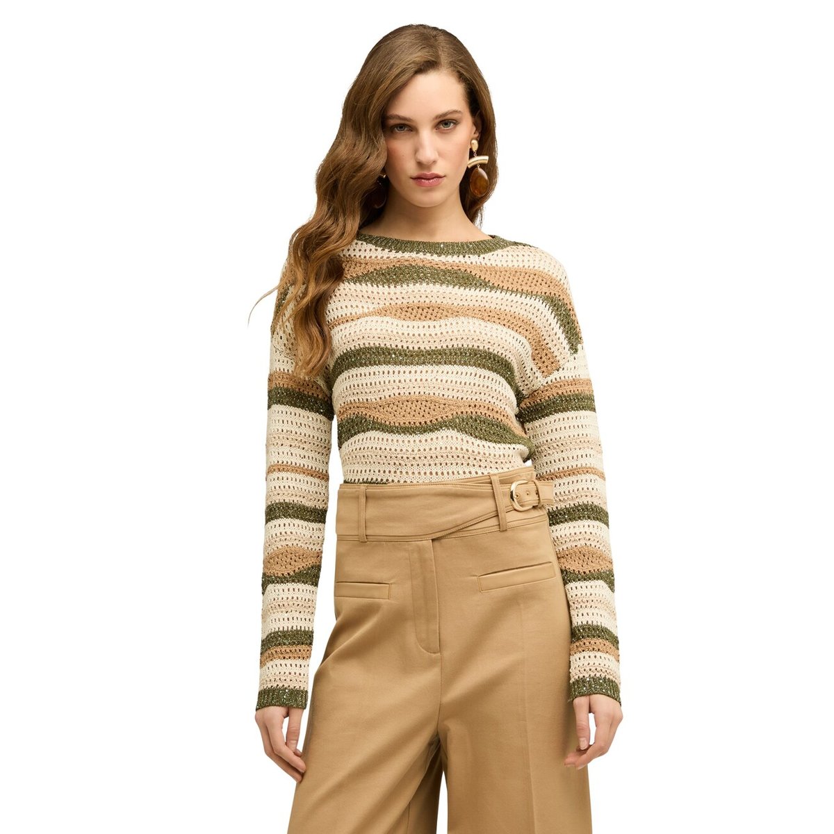 Pull court à rayures ajouré beige, MOTIVI