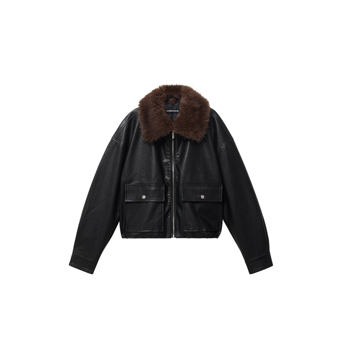 Veste droite similicuir col tailleur noir, CACHE CACHE
