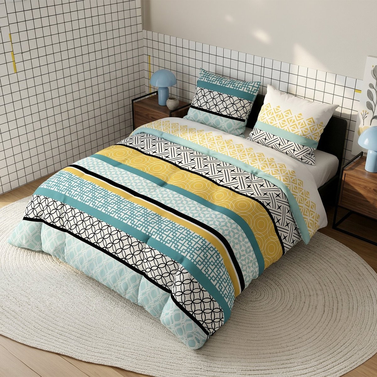Parure de couette 100%coton 57fils/cm2 - citedor bleu, ATELIER DU COTON