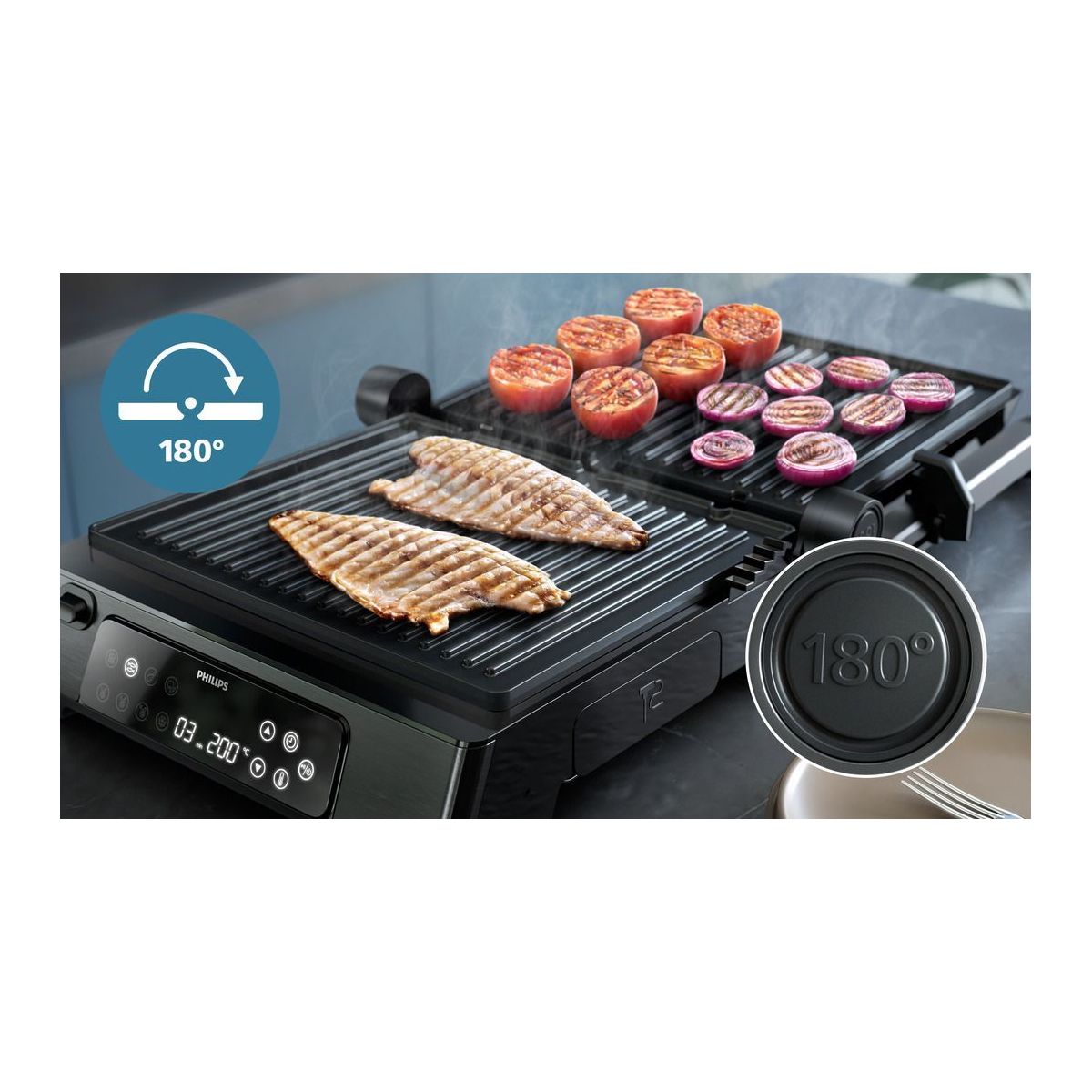 Grille-viande 7000 Series HD6307/70 noir sonde de cuisson, plaques amovibles, à poser, 29x26 cm couleur unique, PHILIPS