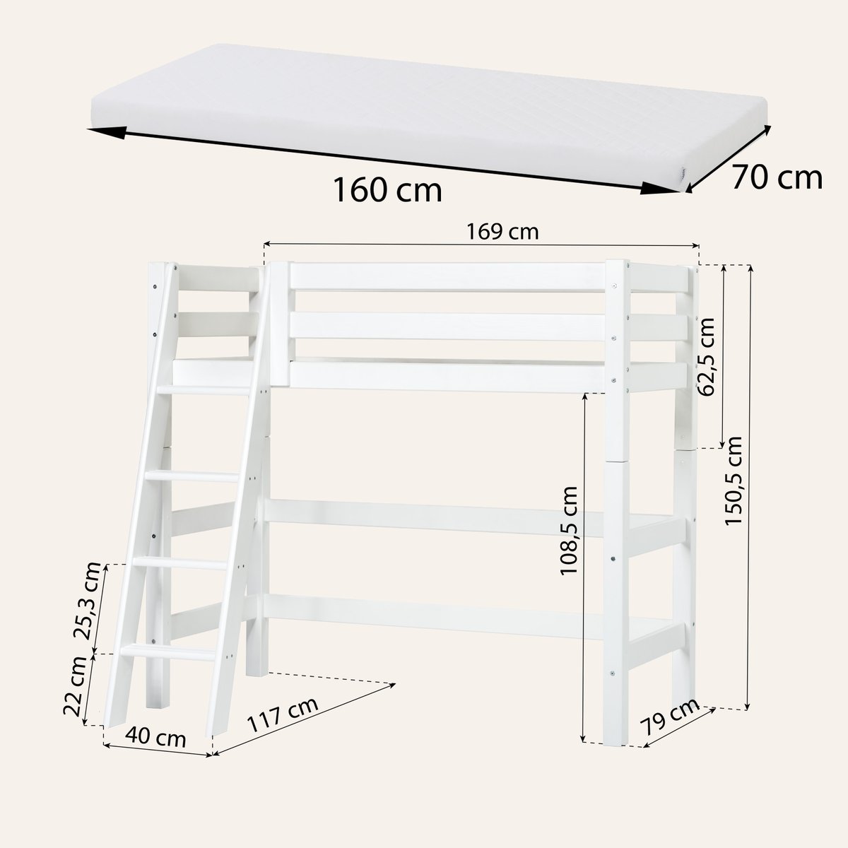 Lit Haut pin massif ECO LUXURY blanc, HOPPEKIDS