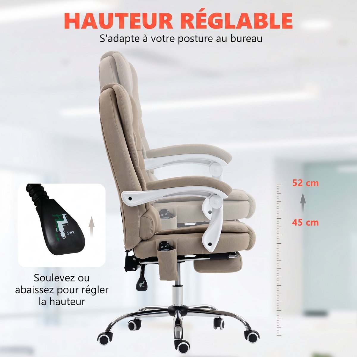 Fauteuil de bureau avec fonction massage Lin beige, HOMCOM