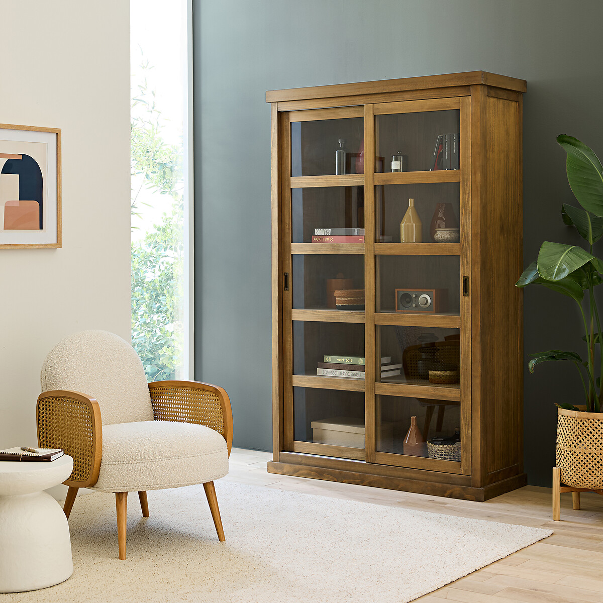 Vitrina con 2 puertas correderas, LUNJA madera clara natural, LA REDOUTE INTERIEURS