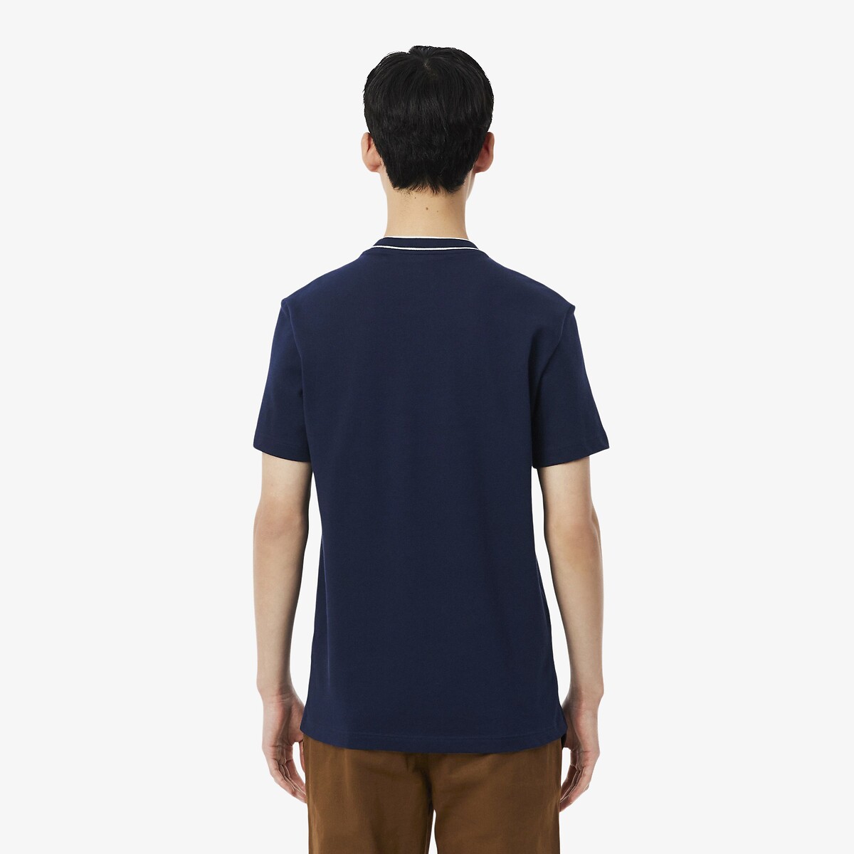 T-shirt em malha piqué, gola às riscas marinho, LACOSTE