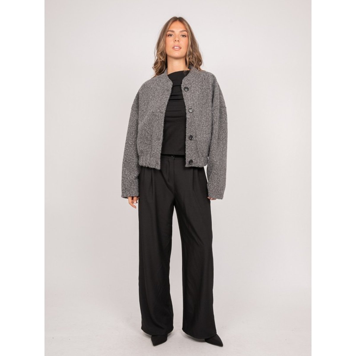 Blouson Court En Maille Poil Long Boutonné Uvina gris, DONA LISA
