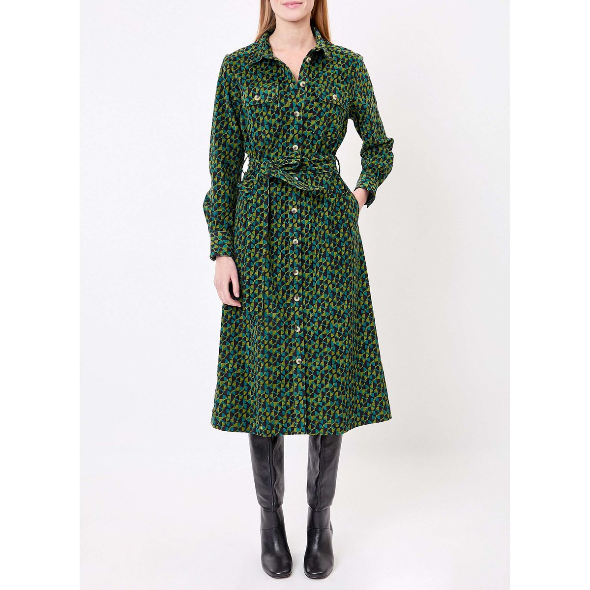 Robe midi chemisier velours côtelé LOUISON vert forêt, PRINCESSE NOMADE