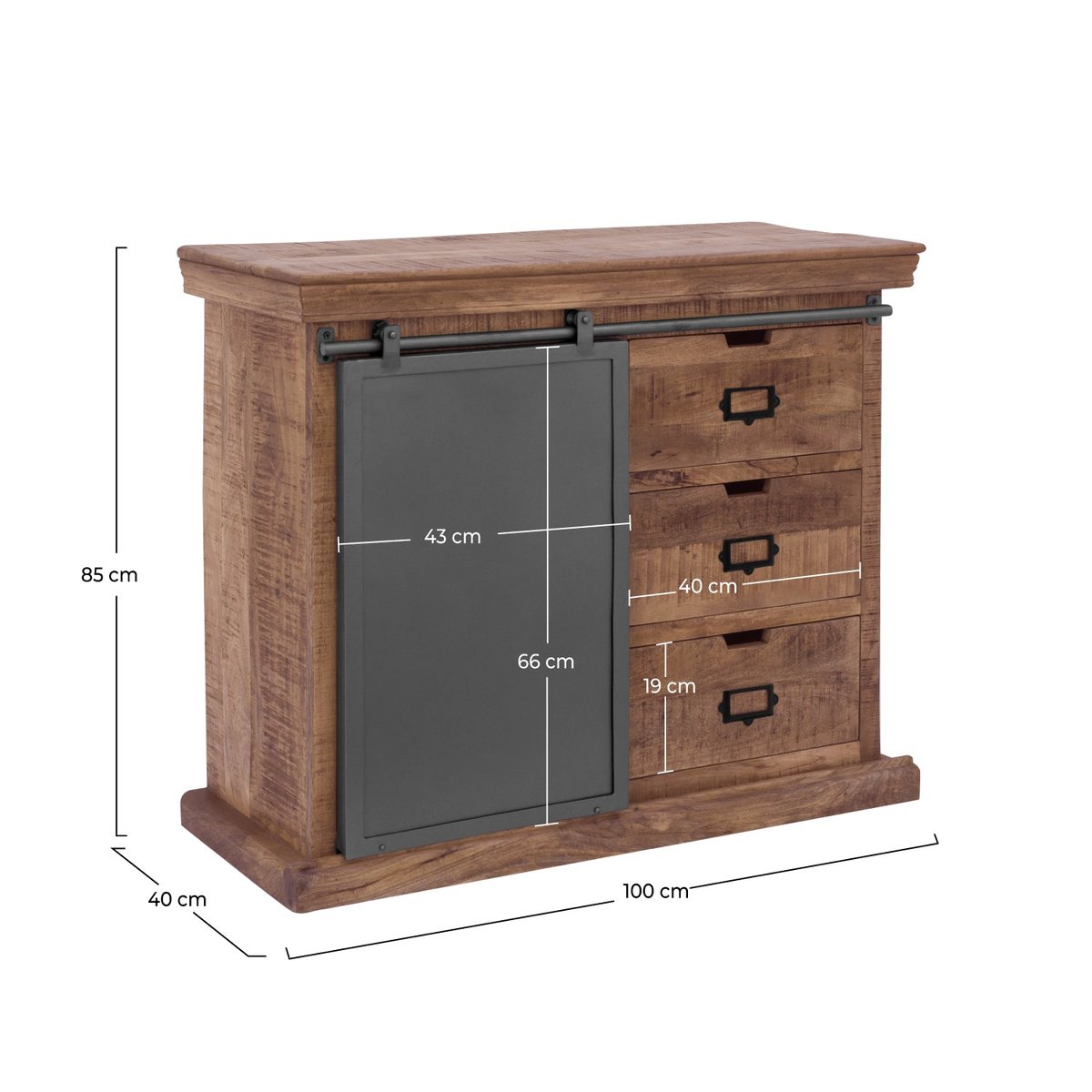 Petit buffet en bois et métal 1 porte 3 tiroirs - TABUK bois foncé et métal gris foncé, MAISON PAVANE