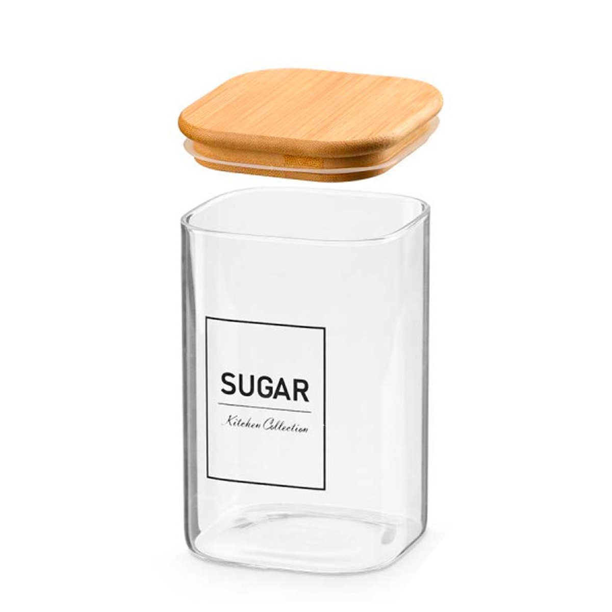 Bocal en verre carré avec bouchon hermétique bambou sugar 1.2L transparent, WADIGA