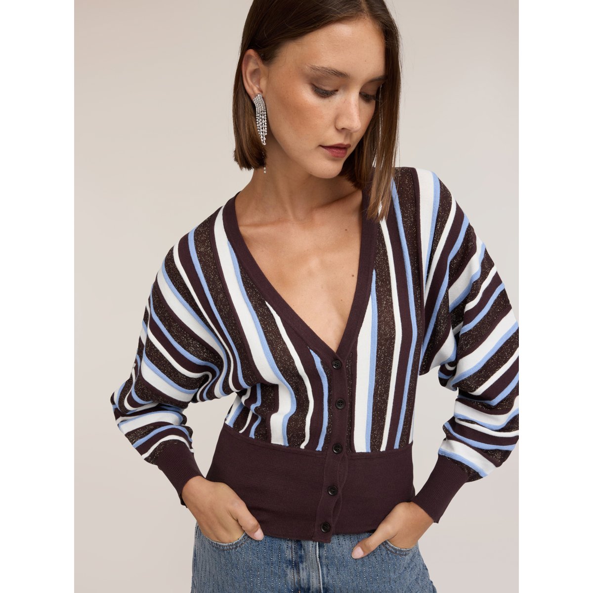 Cardigan rayé à manches kimono marron, MOTIVI