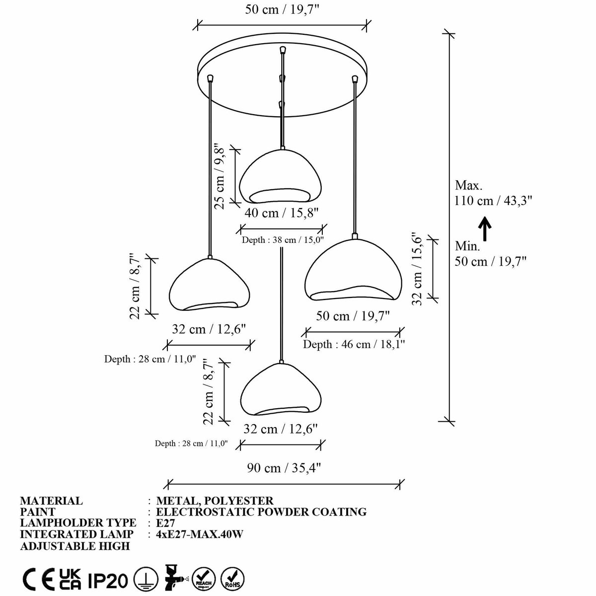 Suspension ronde 4 lampes hauteur réglable NOXIS blanc, PIER IMPORT