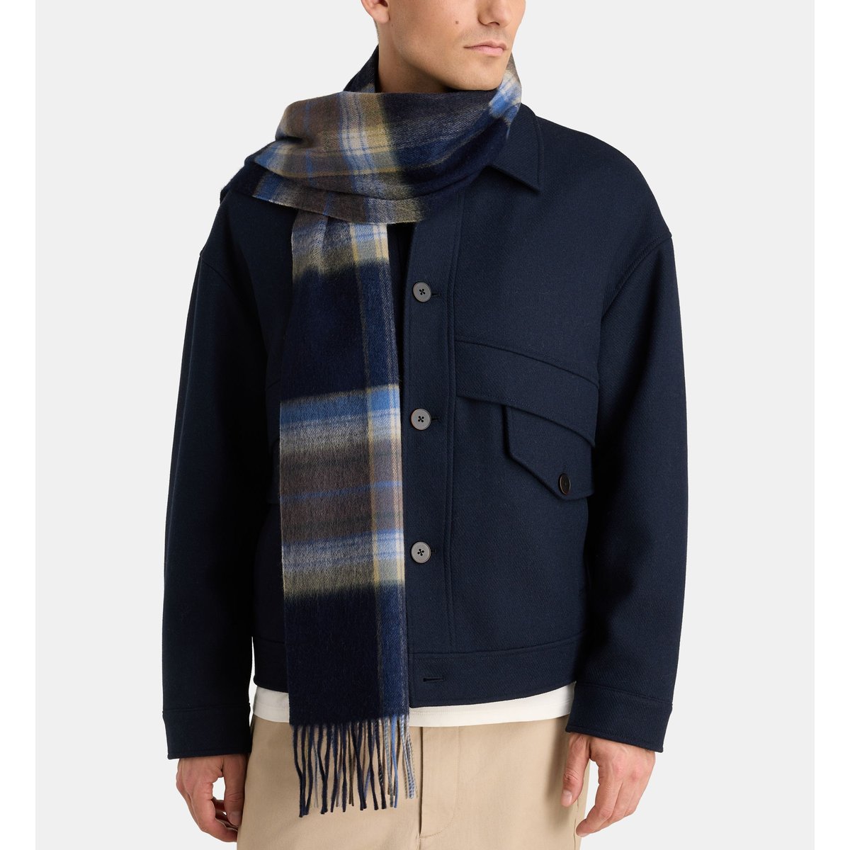 Echarpe douce bob carreaux et franges en laine bleu marine, GALERIES LAFAYETTE