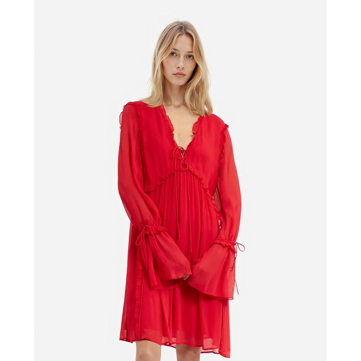 Mini V-Neck Flared Dress with Ruffles and Long Sleeves red, THE KOOPLES