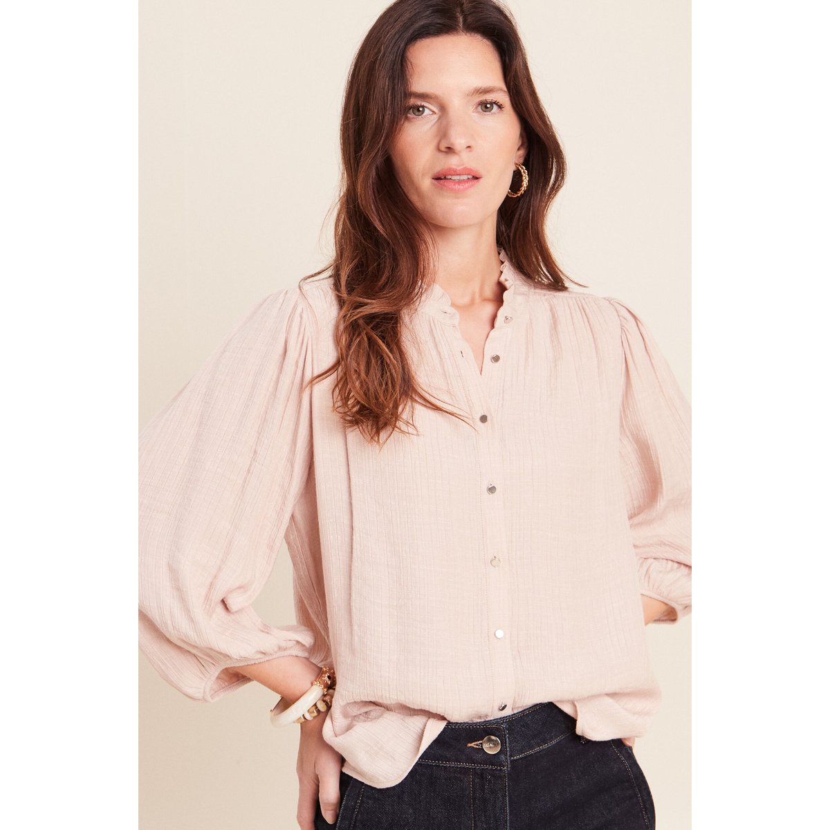 Chemise col montant manches 3/4 ivoire, BREAL